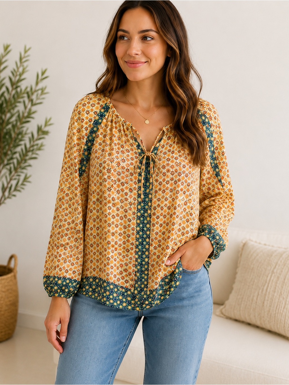 Coldwater Creek Yellow Floral Peasant Blouse with Green Trim